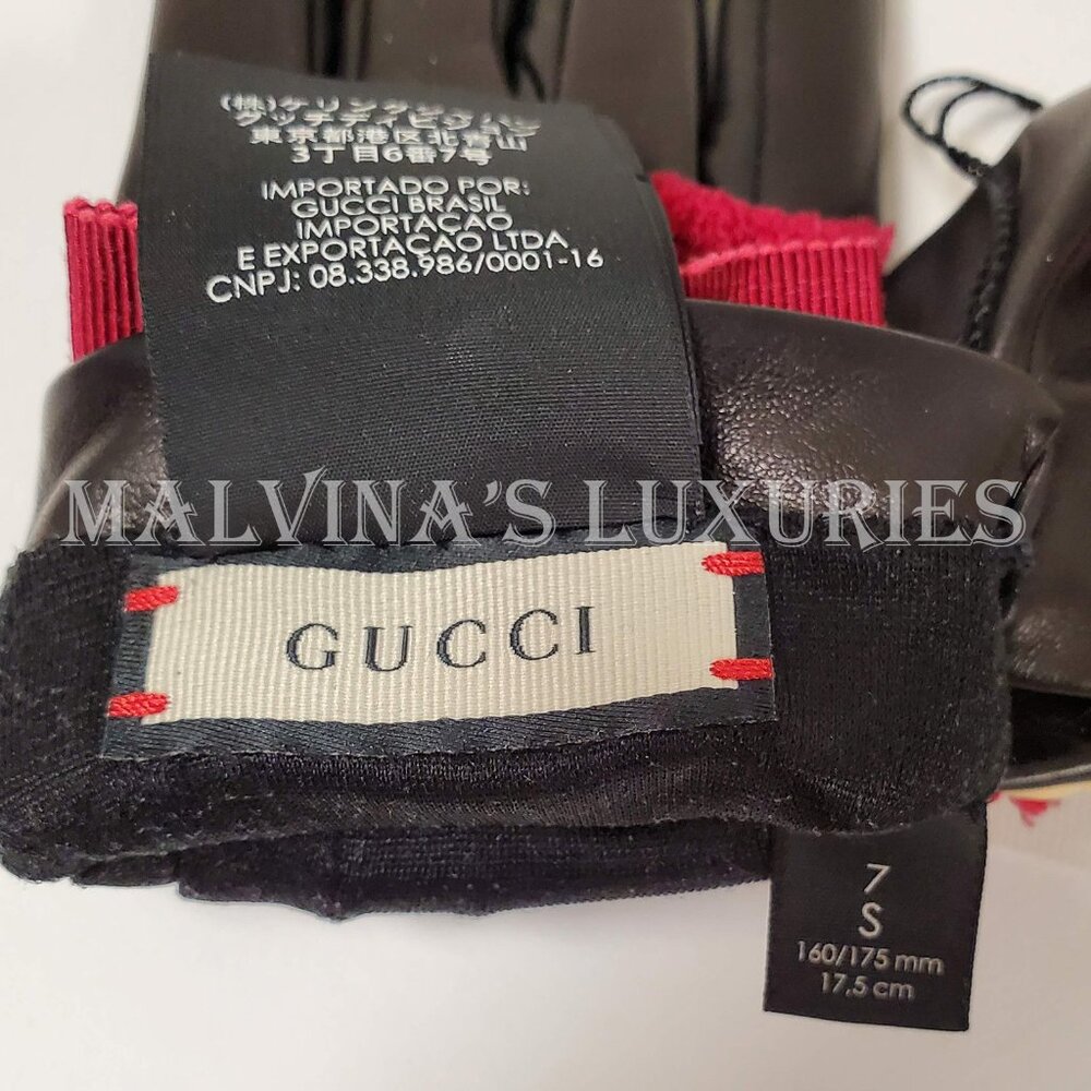 GUCCI GLOVES 434223 BLACK LEATHER GROSGRAIN BOW G LOGO sz S / 7 - Picture 14 of 16